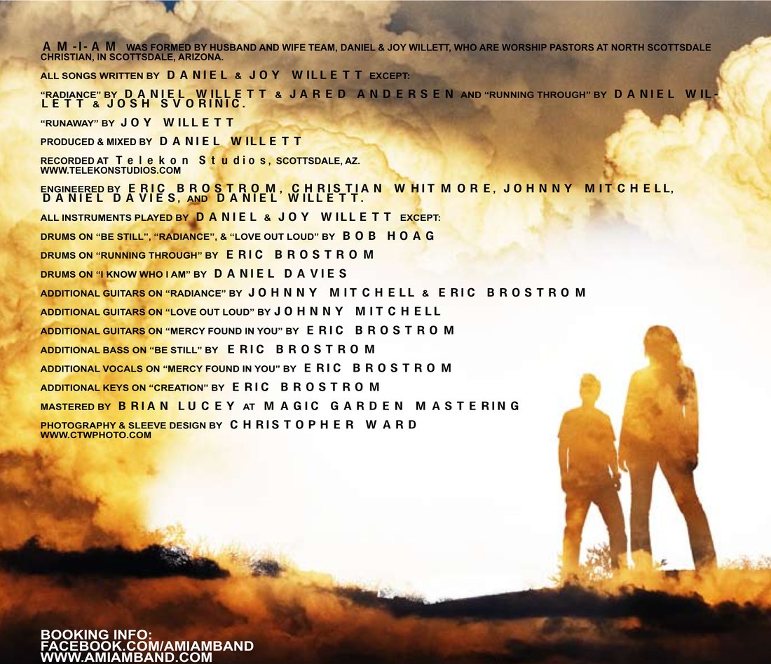 The credits panel: the band silhouetted on a ridge against a burning gold sky, with the full personnel list, the recording studio, and the line Photography and Sleeve Design by Christopher Ward.