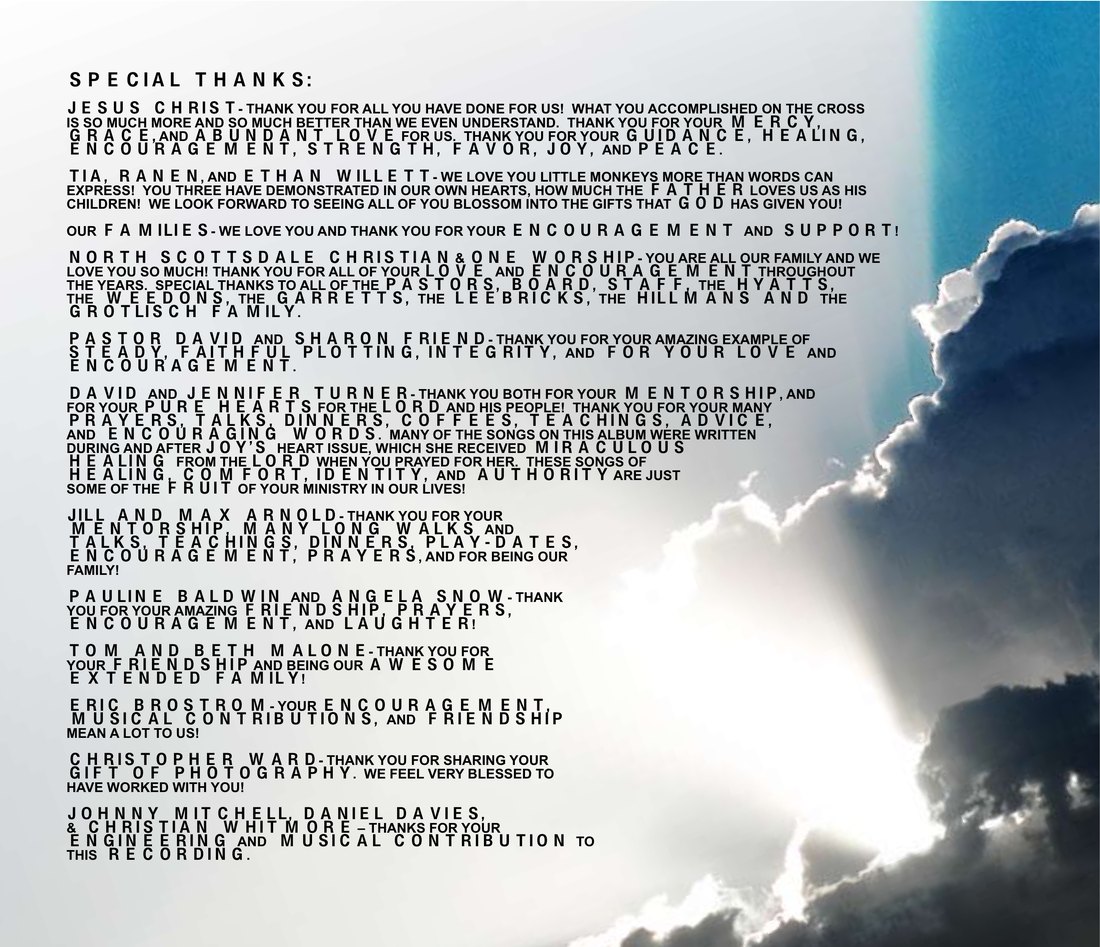 The Special Thanks panel over a break in heavy cloud, a shaft of light crossing the upper left, the type falling in the open lower area.