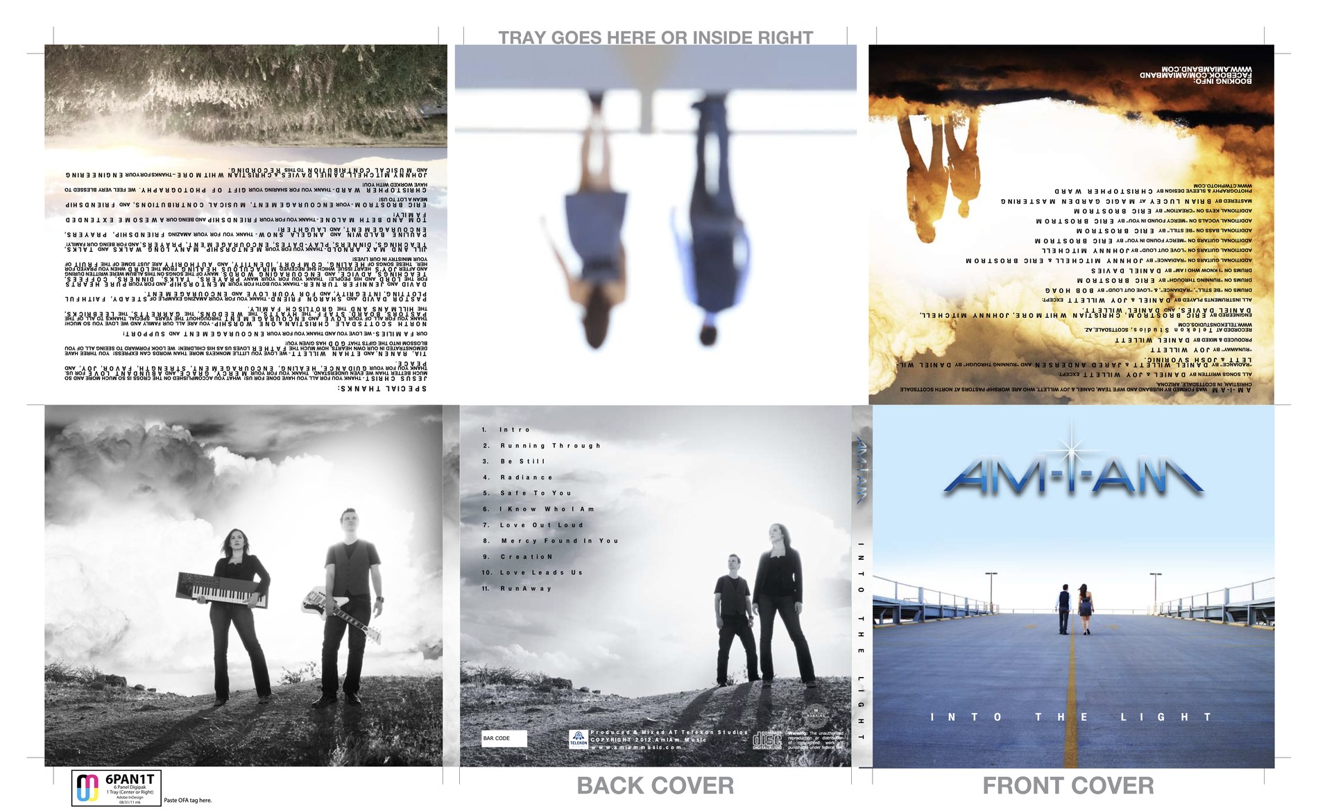 The full six-panel digipak layout as one sheet: three panels across and two down, the upper row printed upside down, trim marks at every corner, and the panel names set into the artwork.