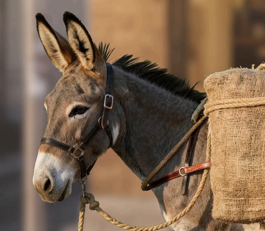 Close-up of a donkey in a halter, burlap packs roped to its back, looking straight ahead.