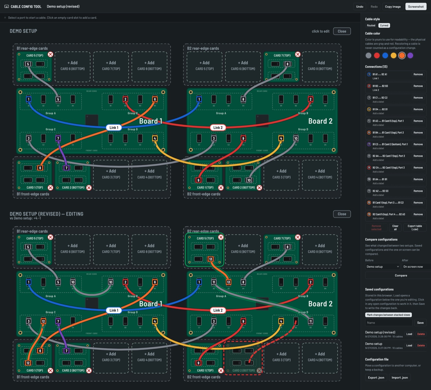 The Cable Config Tool comparing two setups: green circuit boards, colored cables between ports, changes outlined in green and red.